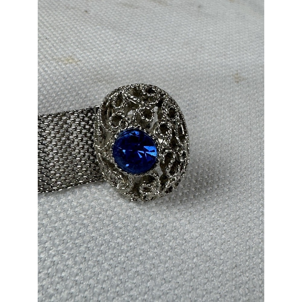 Vintage‎ Silver Tone Mesh Bracelet Blue Rhinestone Oval Filigree Clasp - Picture 3 of 10